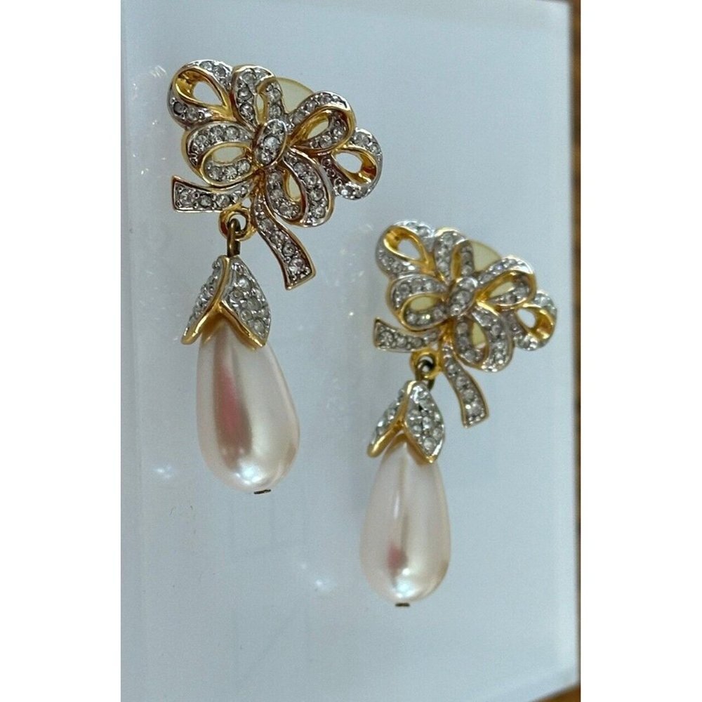 Vintage Faux Dangle Pearl Rhinestones Gold Tone Ribbon Earrings Special Event - Picture 5 of 8